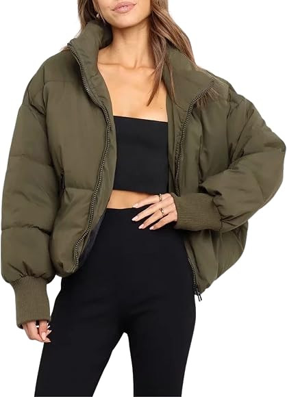 InterNos Women's Winter Stand Collar Zip Puffer Jacket Baggy Short Padded Down Coats | Amazon (US)