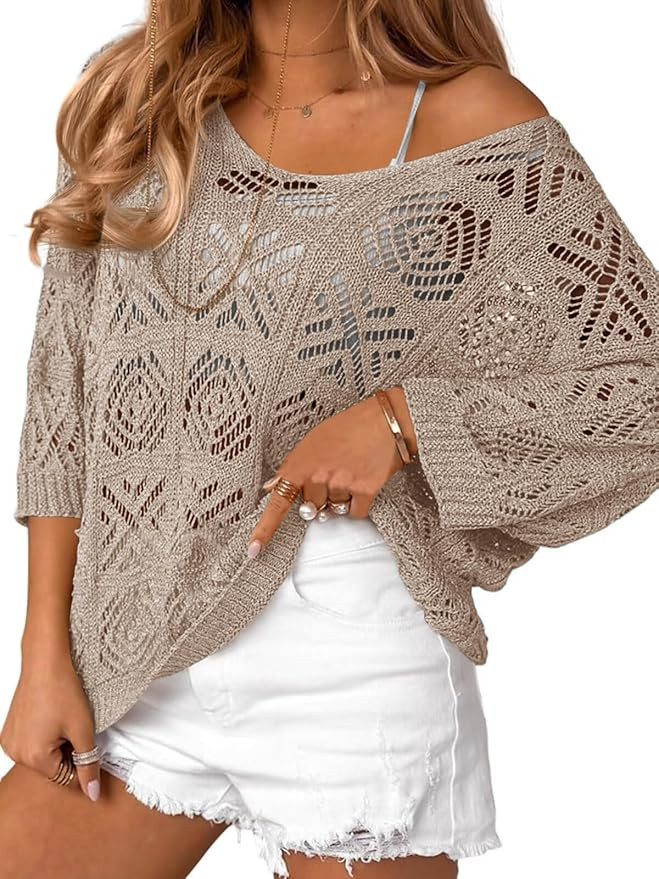 Saodimallsu Womens Crochet Cover Up Top Summer 3/4 Sleeve Off Shoulder Sweater Shirts Mesh Boho B... | Amazon (US)