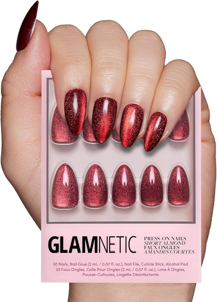 Glamnetic Press On Nails - Ruby Slipper | Deep Red Sparkly Short Almond Fake Nails with a Velvet ... | Amazon (US)