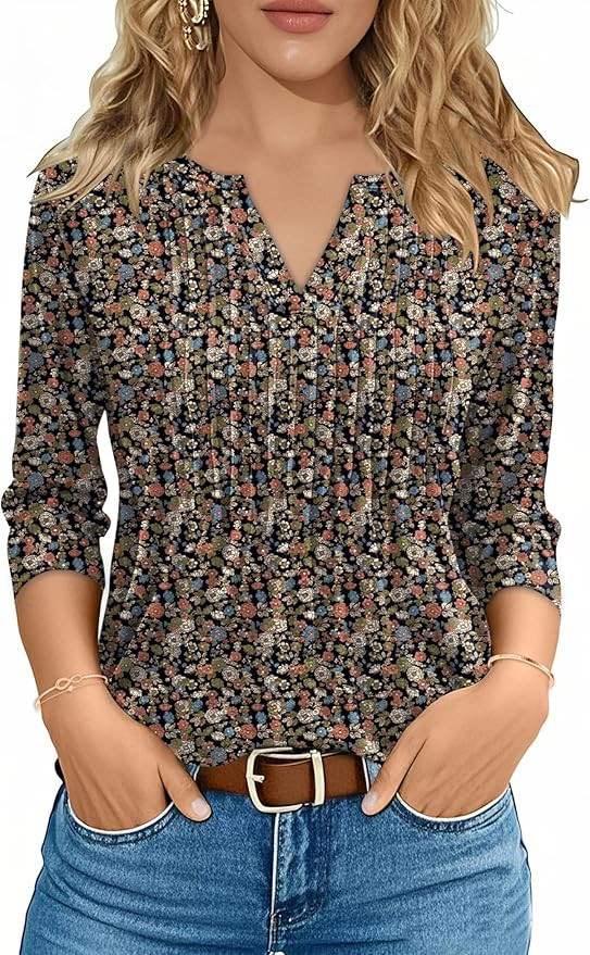 FreshNight 3/4 Length Sleeve Womens Tops Pleated V Neck T Shirts for Women Blouses Dressy Casual | Amazon (US)