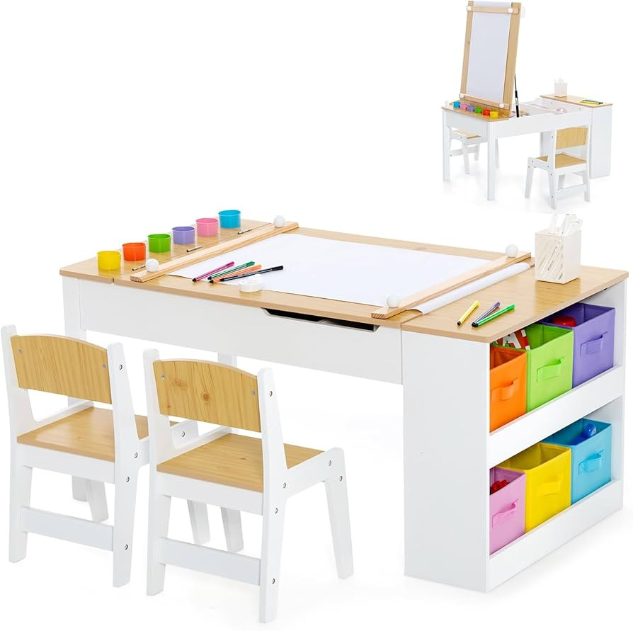Costzon 3 in 1 Kids Table and Chair Set, Wood Art Table & Easel Set with 2 Chairs, 6 Storage Bins... | Amazon (US)
