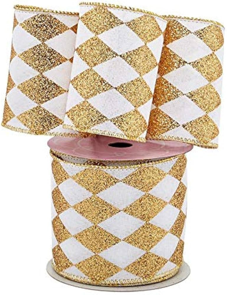 Gold White Diamonds Harlequin Ribbon - 4" x 10 Yards, Argyle, Gold Wire Edged, Glitter, Fall, Chr... | Amazon (US)