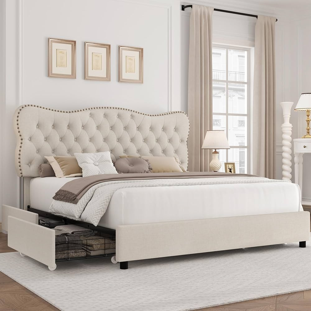 HOSTACK Queen Bed Frame with 4 Storage Drawers, Upholstered Platform Frame with Button Tufted Hea... | Amazon (US)