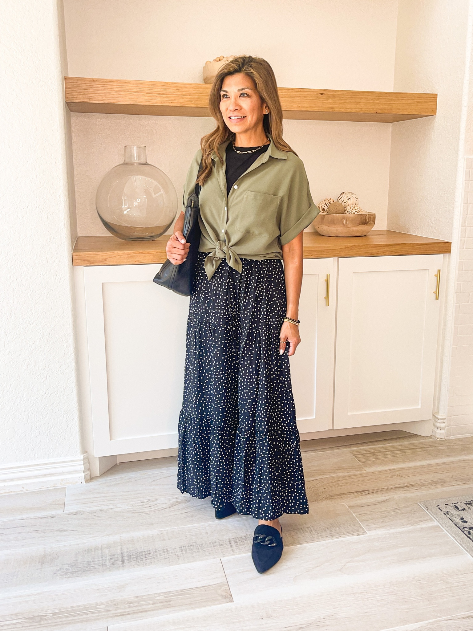 Olive button down shirt in small tts
Black shirt in small tts
Skirt in small tts
Shoes tts
Madewell Bag

#LTKSeasonal #LTKunder50 #LTKworkwear