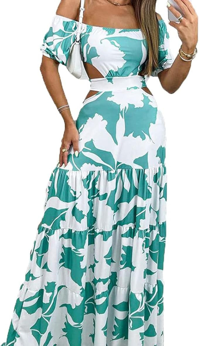 Women's Summer Floral Backless Lace-up Dress, Sexy Off-The-Shoulder Printed Cutout Beach Maxi Dre... | Amazon (US)