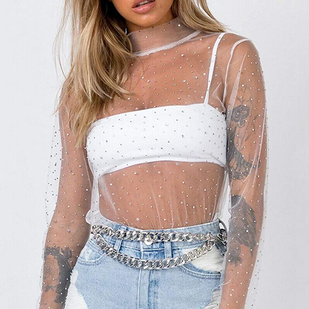 Women's Sexy See Through Shirts Mesh Sheer Glitter Sequin Tops Long Sleeve Turtleneck Neck Sheer Blo | Amazon (US)