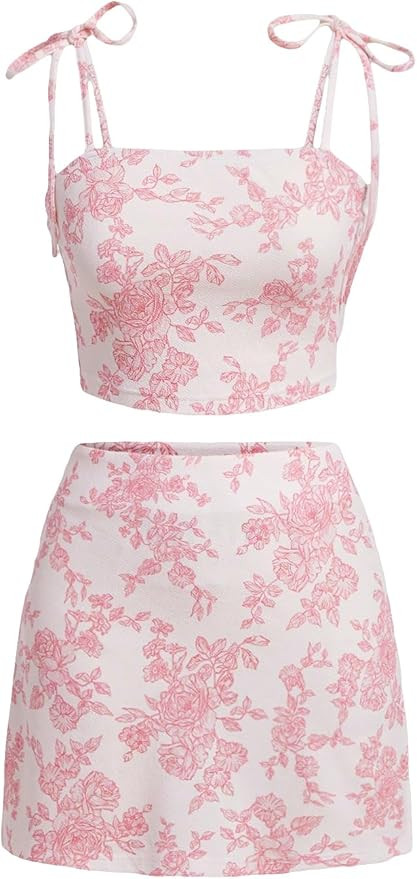Floerns Women's 2 Piece Outfit Floral Print Tie Shoulder Cami Top with Skirt Set Pink and White X... | Amazon (US)