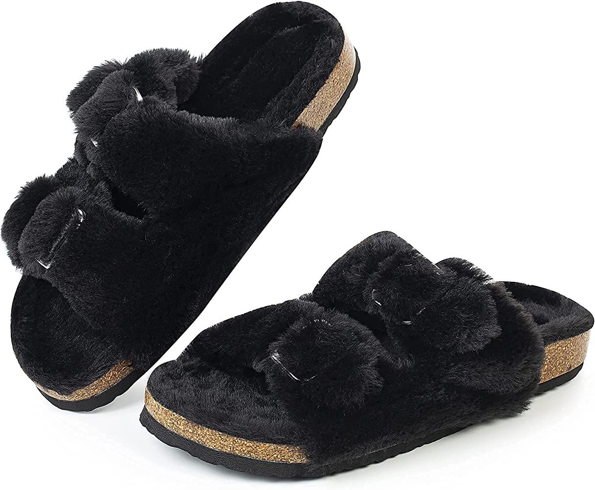 FITORY Womens Open Toe Slipper with Cozy Lining,Faux Rabbit Fur Cork Slide Sandals Size 6-11 | Amazon (US)