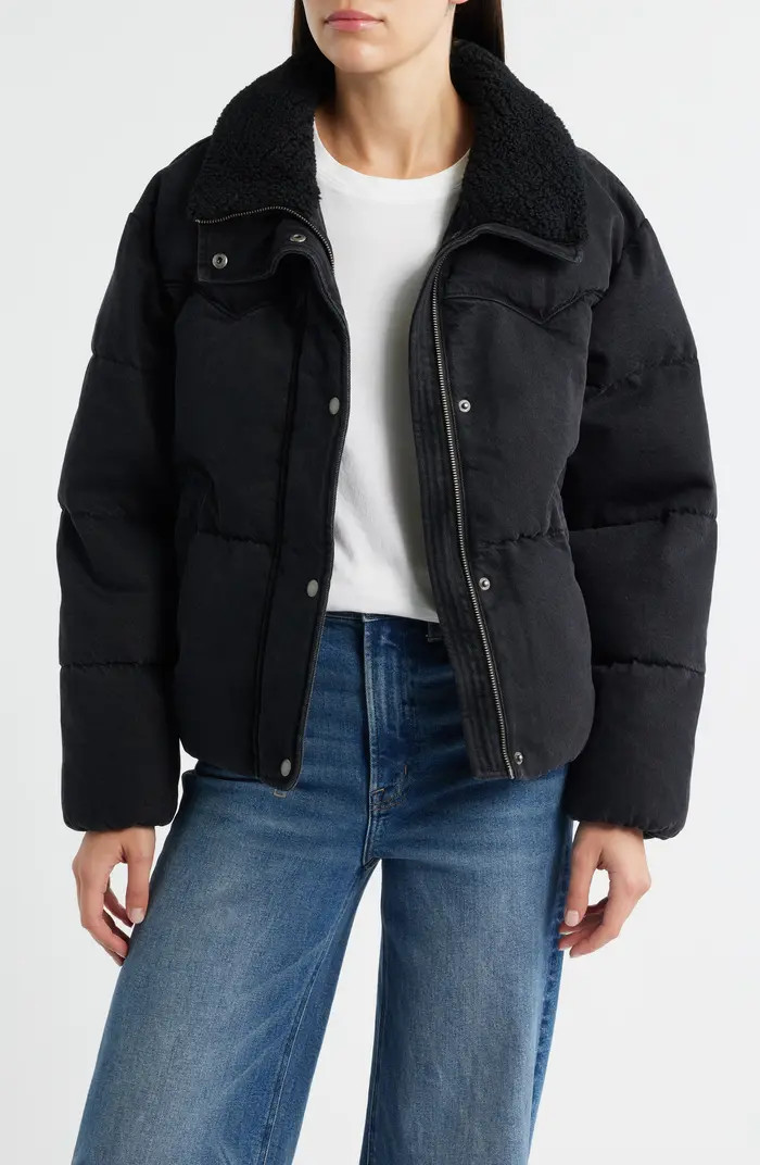 Western Denim Faux Shearling Collar Puffer Jacket | Nordstrom