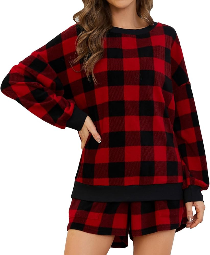 Women Fuzzy Chunky Warm Plaid Pajama Sets Long Sleeve Top and Shorts Clothing Sets | Amazon (US)