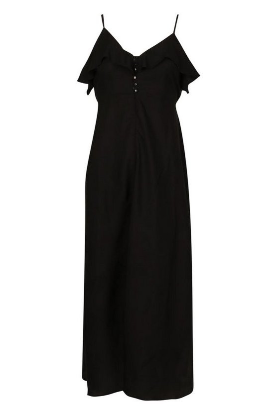 Woven Covered Button Ruffle Maxi Dress | Boohoo.com (US & CA)