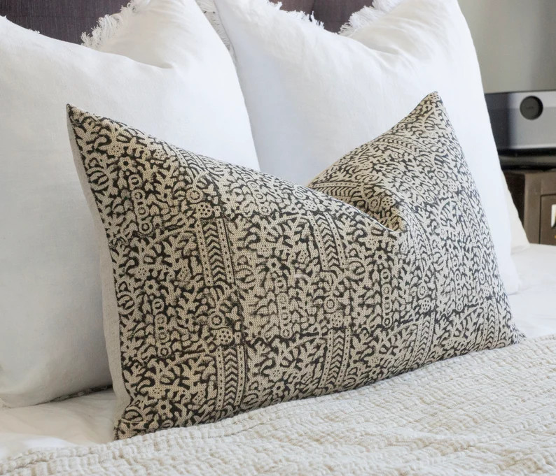 TAARA || Black Block Print Pillow Cover Black Floral Block Print Pillow Designer Linen Pillow Mod... | Etsy (US)