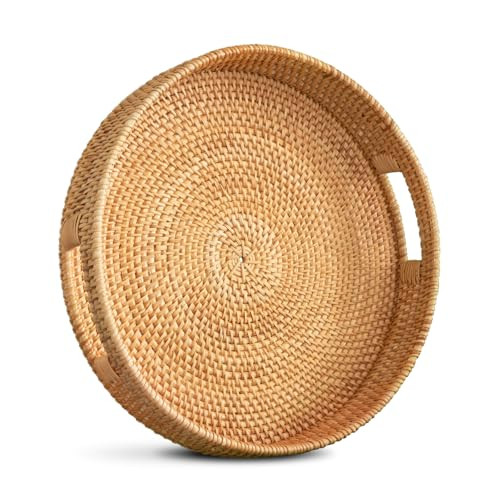 Artisan-Crafted 12'' Flat Round Rattan Tray, 1 PCS of Ottoman Tray - Elegant Coffee Table Tray, Woven Tray with Handles - Round Tray for Coffee Table - Round Wicker Tray with Natural Wicker Beauty | Amazon (US)