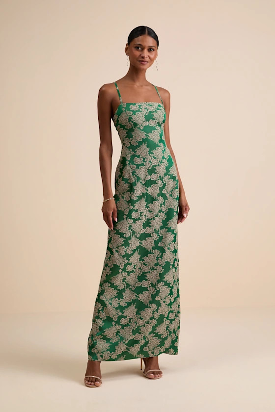 Merrion Green Floral Satin Lace-Up Maxi Dress | Lulus