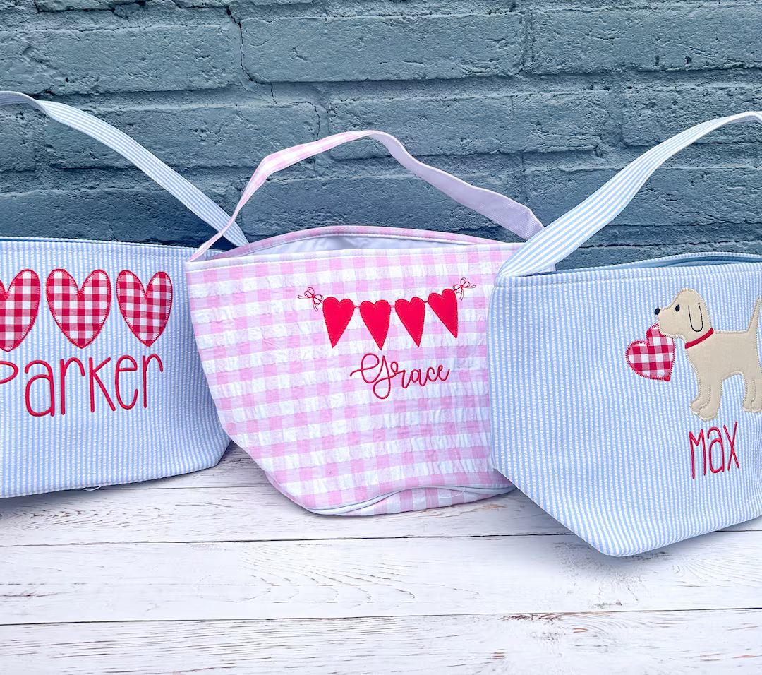 MORE COLORS Personalized Valentines Baskets, Monogrammed Valentine's Day Basket, Applique Hearts ... | Etsy (US)
