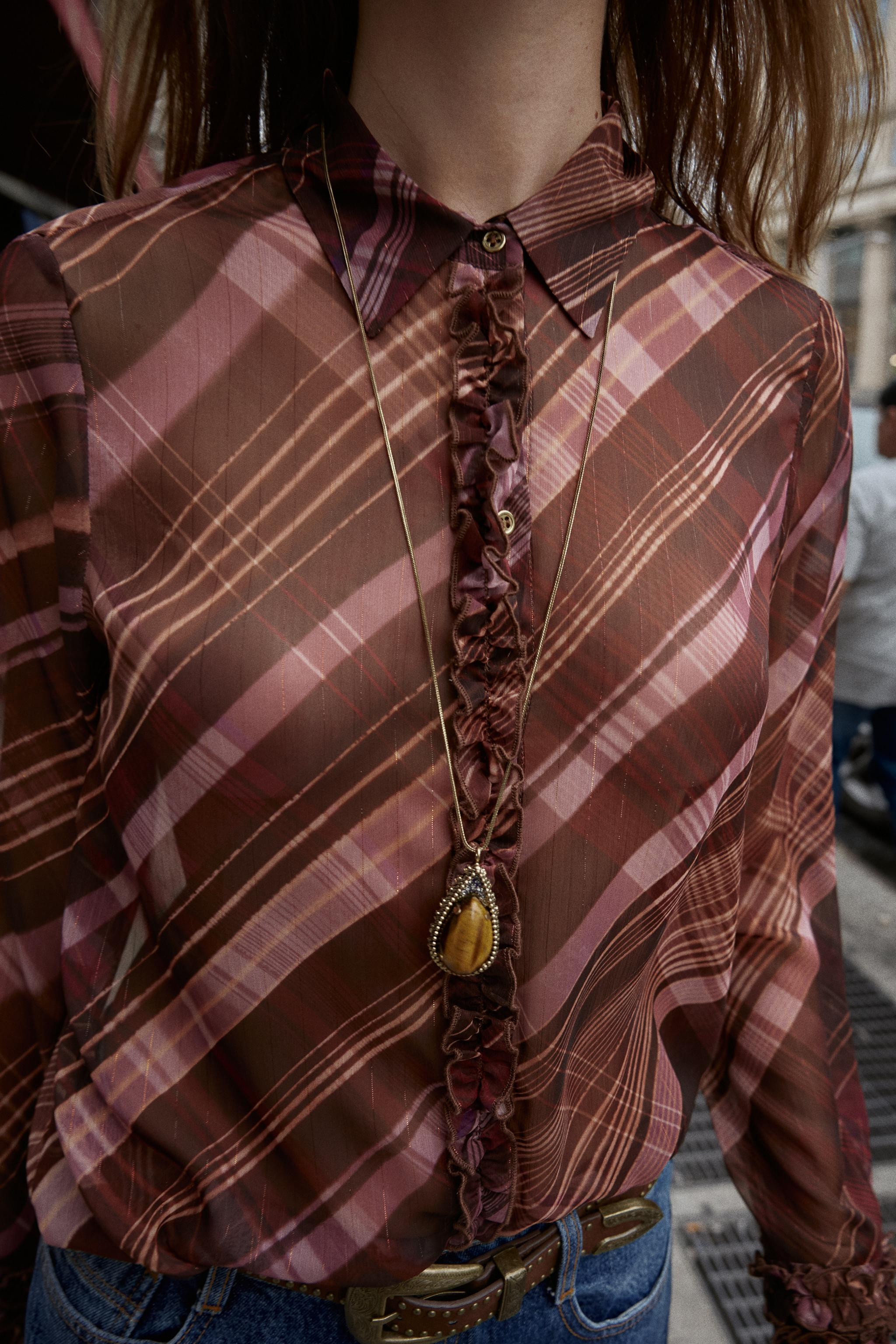 SEMI-SHEER PLAID BLOUSE | Zara US