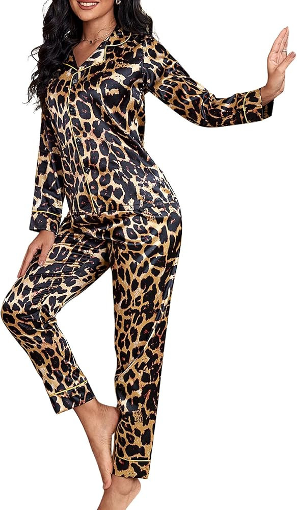 WDIRARA Women's 2 Piece Leopard Print Satin Pajama Set Long Sleeve Button Down Lounge Pants Sleep... | Amazon (US)