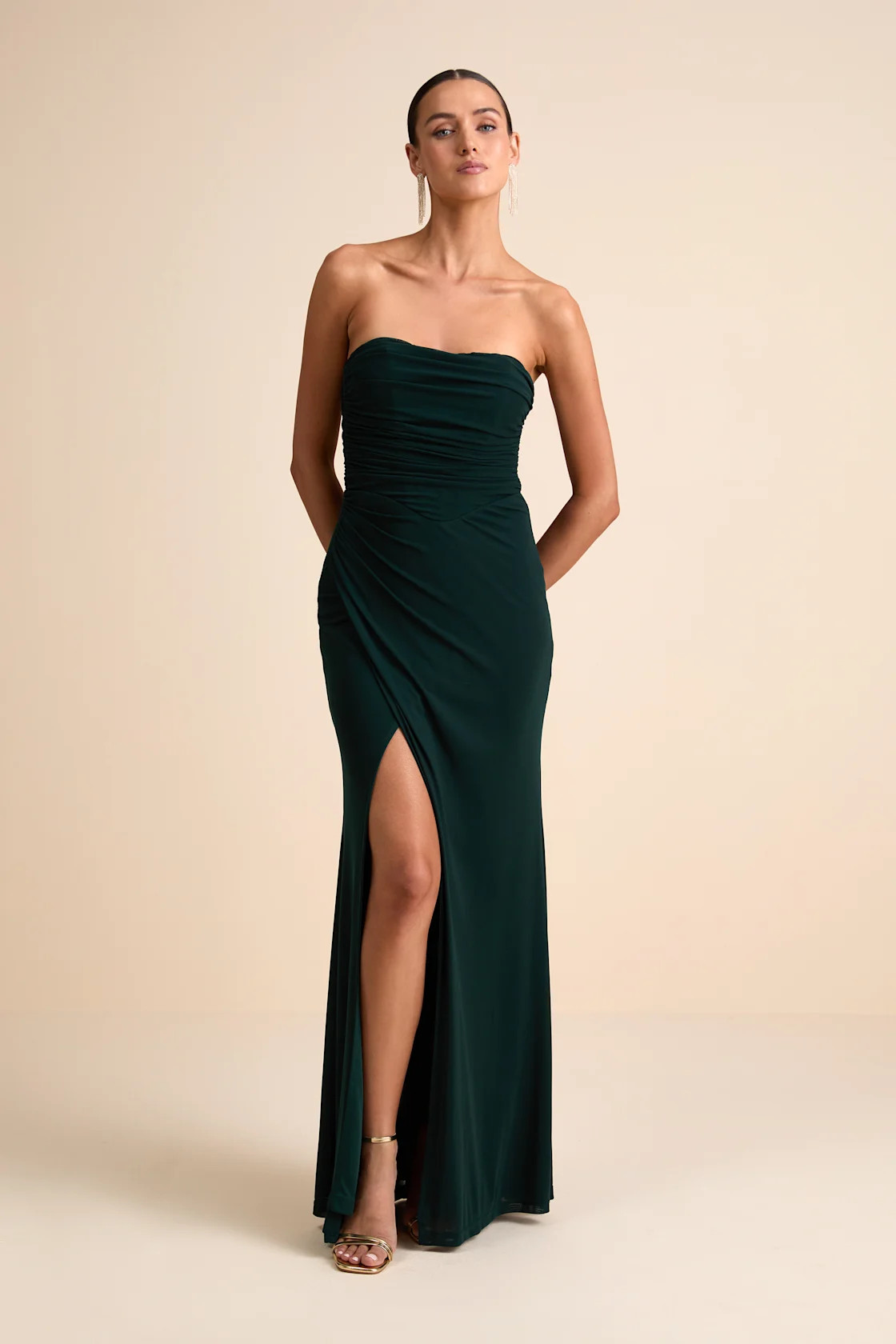Epitome of Allure Emerald Green Strapless Ruched Tulip Maxi Dres | Lulus