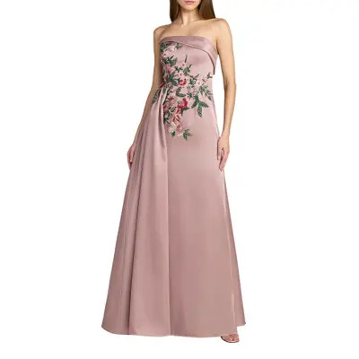 Mac Duggal Strapless Satin Beaded Floral Gown in Mocha at Nordstrom, Size 12 | Nordstrom