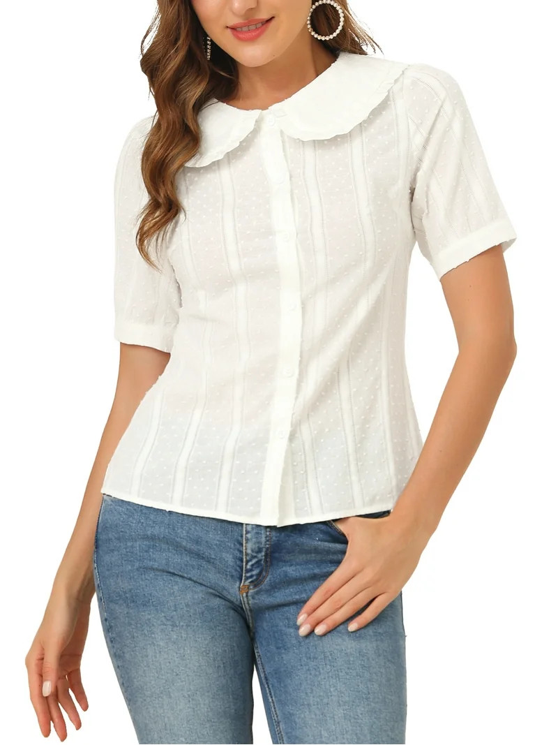 INSPIRE CHIC Women's Swiss Dots Short Sleeves Button Front Shirt Peter Pan Collar Blouse S Beige | Walmart (US)