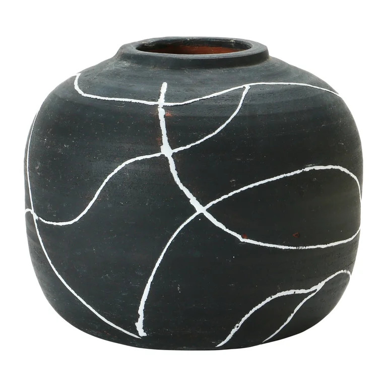 Creative Co-Op Round Decorative Terra-cotta Vase with Hand-painted Intersecting Lines, Black and ... | Walmart (US)