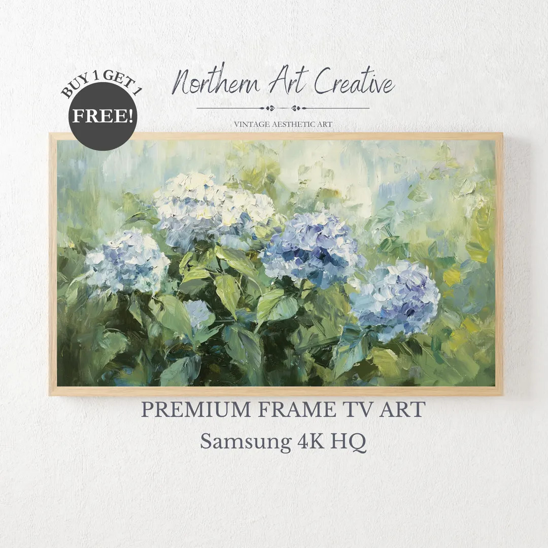 Hydrangeas Painting Samsung Frame TV Art | Floral Frame TV Art | Botanical Cottagecore Decor | Gr... | Etsy (US)
