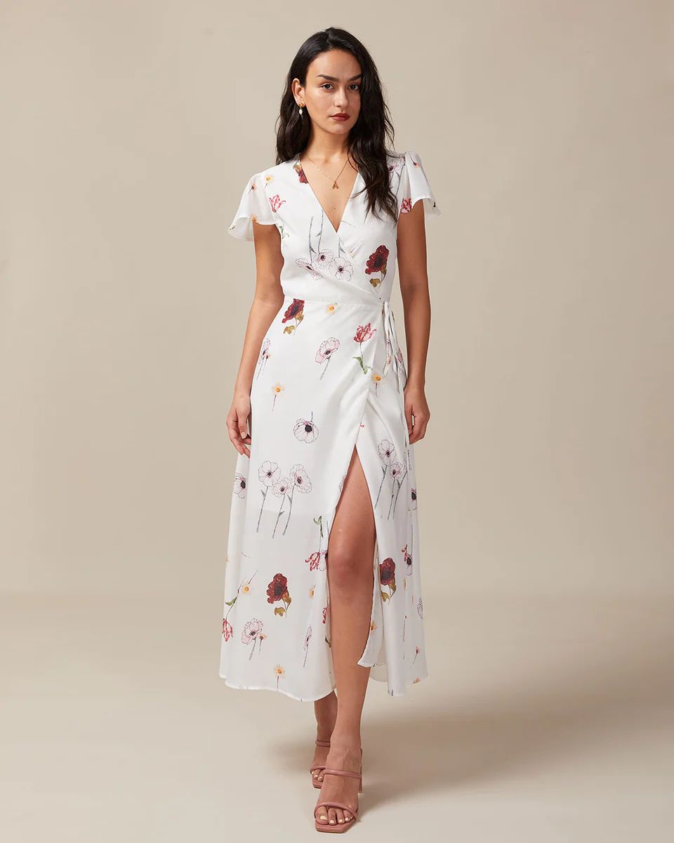 The White V Neck Floral Wrap Slit Maxi Dress | rihoas.com