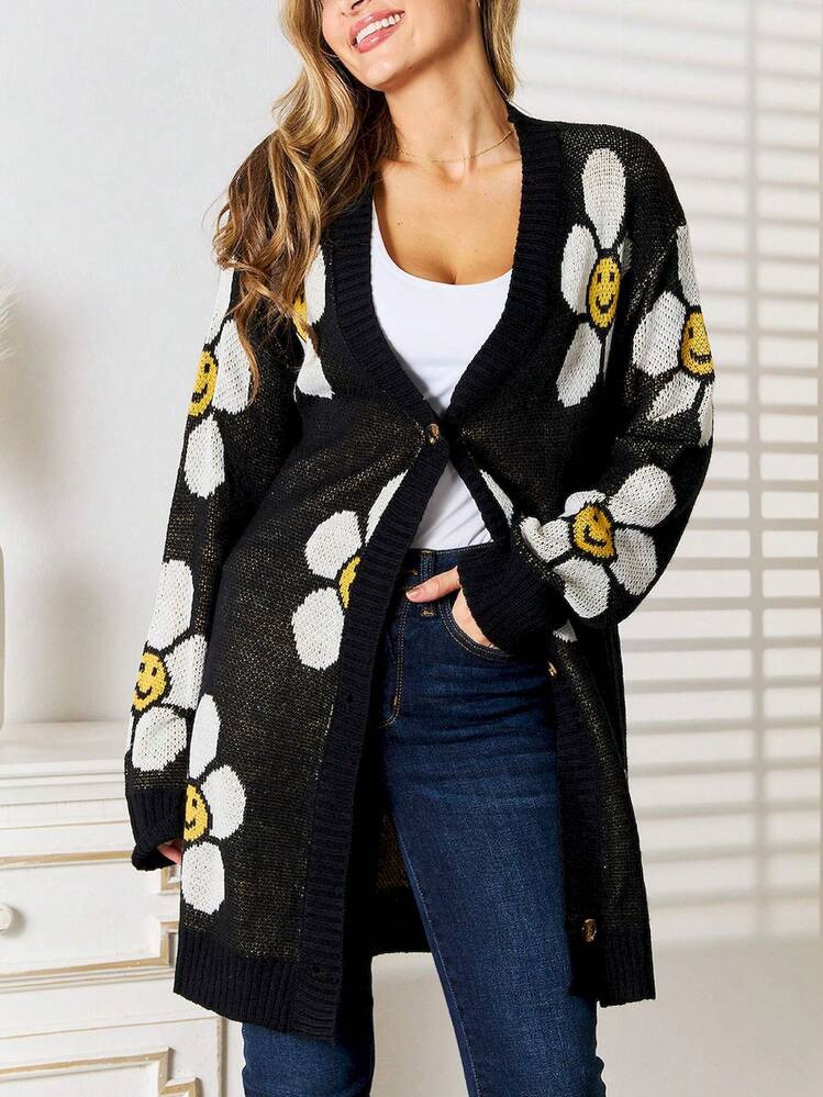 Cárdigan Largo Con Botones Y Estampado Floral | SHEIN