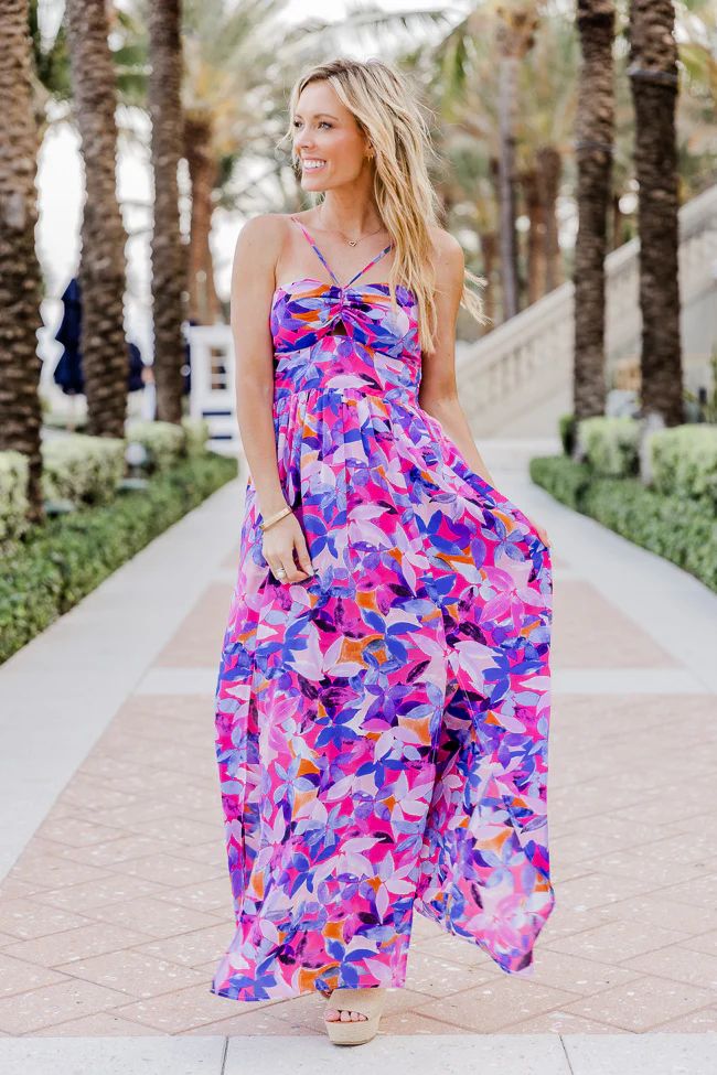 On The Coast Of Somewhere Beautiful Purple Tropical Print Maxi Dress | Pink Lily