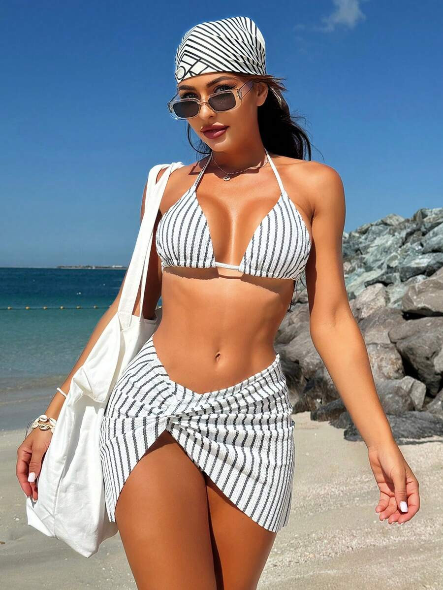 SHEIN Swim Women's Color Block Striped Swimsuit Set, Bikini Outfit Beach Swimwear Bathing Suit Su... | SHEIN