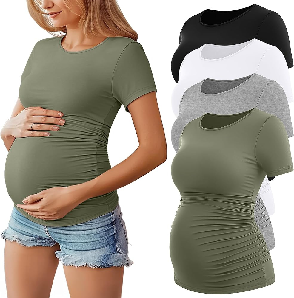 Huukeay 4 Pack Women's Maternity Shirts, Crew Neck Maternity Top Short Sleeve Casual Cotton Tee S... | Amazon (US)