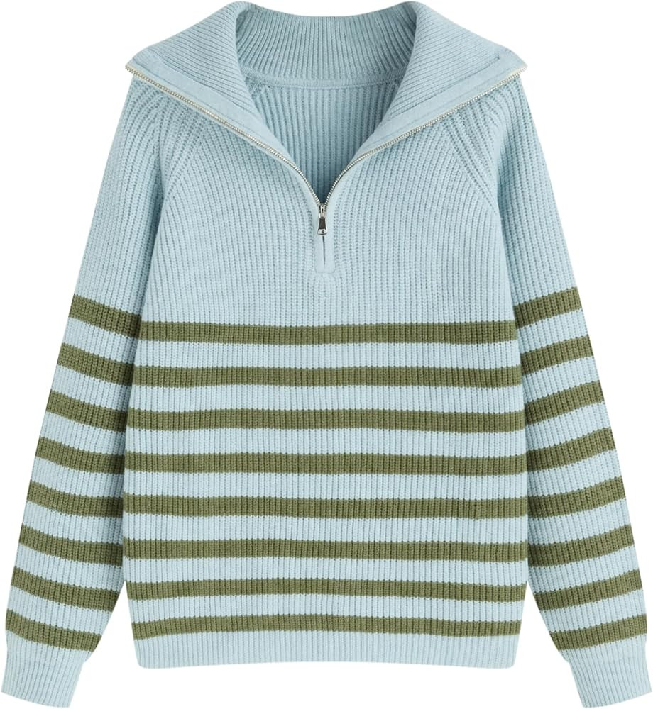 CIDER Women's Striped Quarter Zip Pullover Sweater Mock Neck Knit Fall Fashion Casual Sweater | Amazon (US)