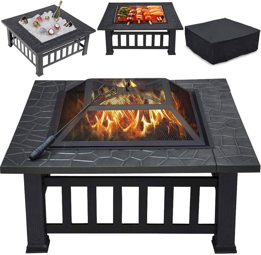 Yaheetech Multifunctional Fire Pit Table 32in Square Metal Firepit Stove Backyard Patio Garden Fi... | Amazon (US)