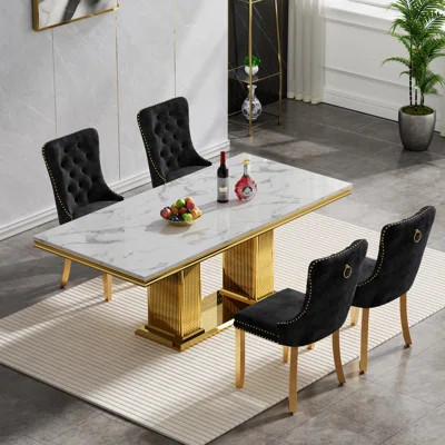 68.11" Dining Table Set, Modern Kitchen Table Set with Imitation Marble Top, Faux Marble Dining Room Table with Velvet Dining Chairs, Modern Dining Ta | Wayfair North America