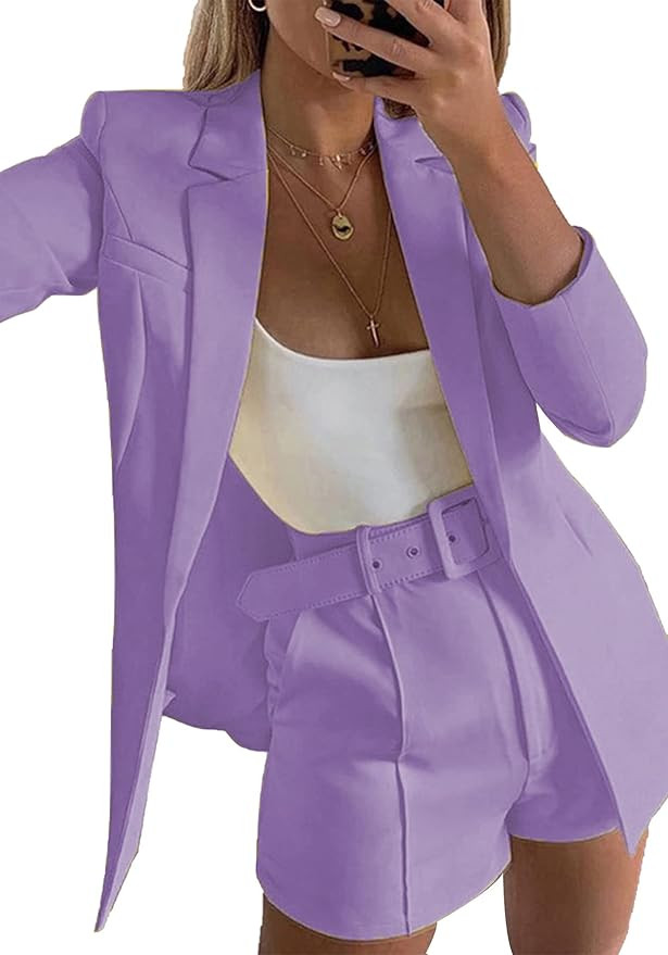 Amazon.com: Women's Open Front Long Sleeve Blazers with Shorts Set 2 Piece Business Outfits Elega... | Amazon (US)