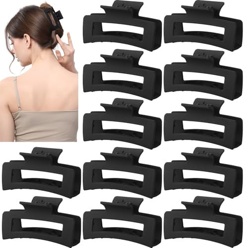 12 Pcs Medium Black Hair Claw Clips for Women, 3.5 Inch Matte Square Jaw Clips, Strong Hold & Non-Slip Hair Accessories for Thick and Thin Hair | Amazon (US)