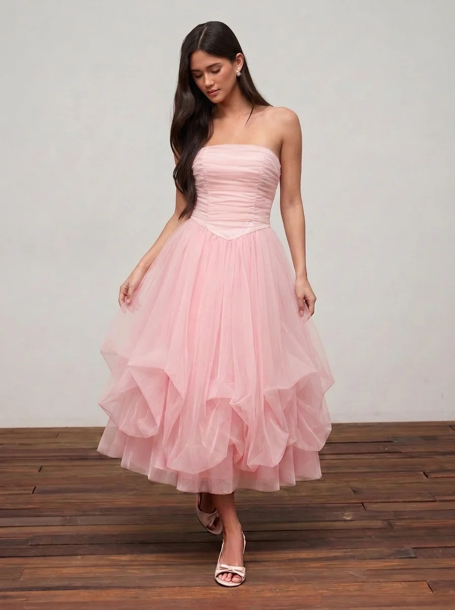 Mesh High Rise Strapless Ruched Bubble Maxi Dress | Cider
