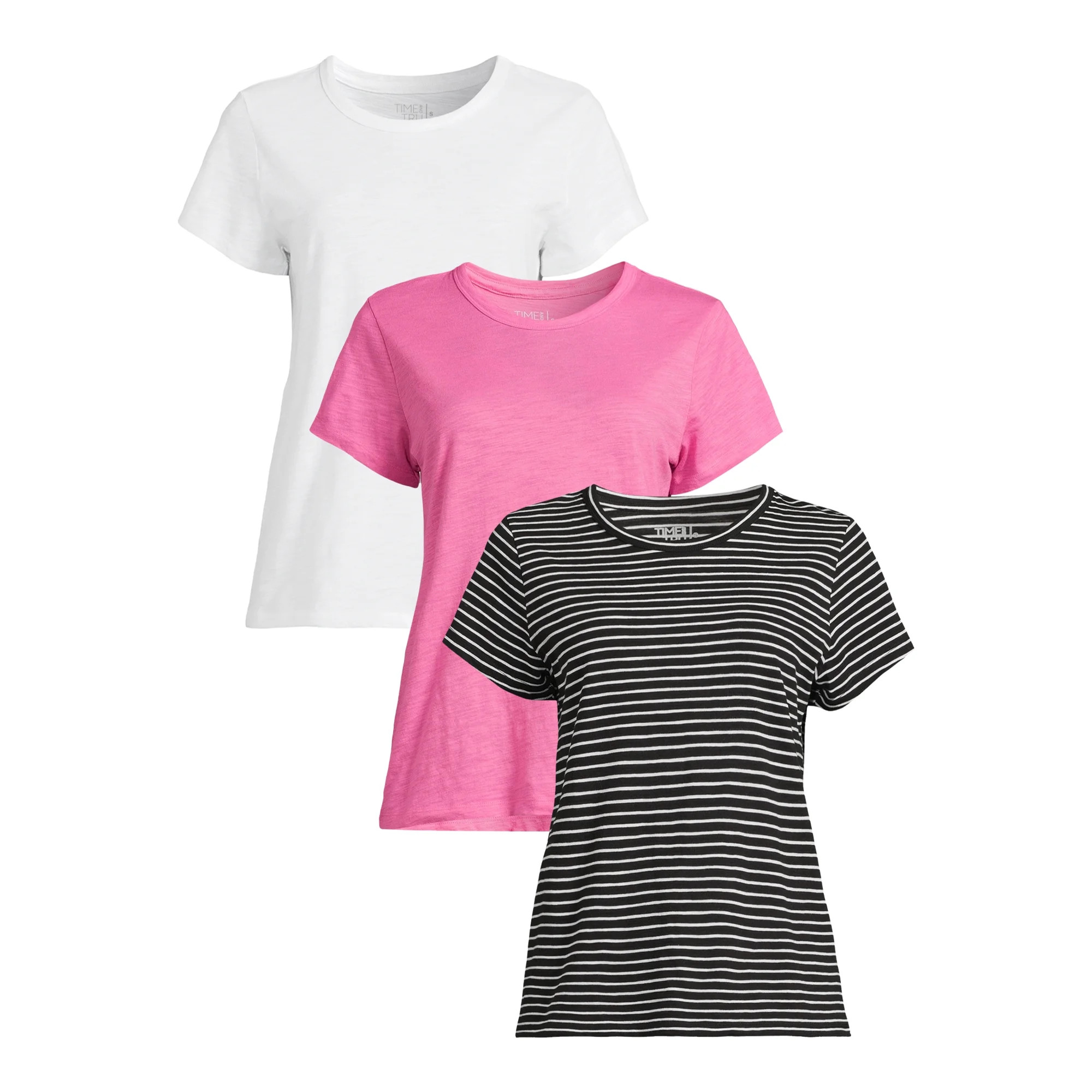 Time and Tru Women's Slub Crewneck Tees with Short Sleeves, 3-Pack, Sizes XS-XXXL | Walmart (US)