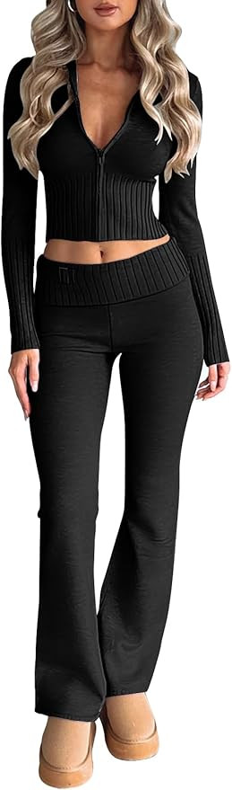 LILLUSORY 2 Piece Knit Sets Women's Trendy Slim Fit Hooded Sweatsuit Sets | Amazon (US)