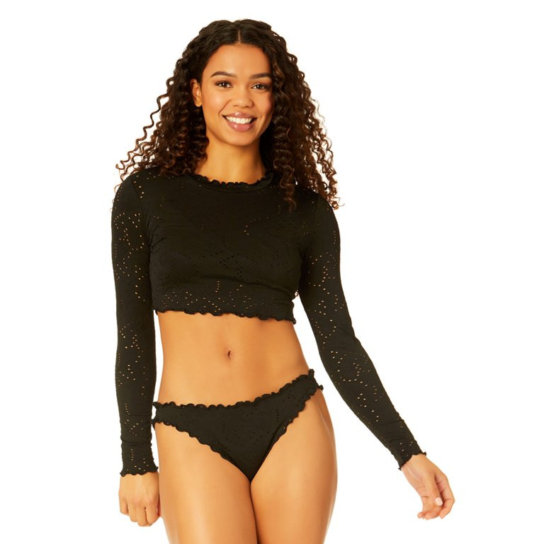 Celebrity Pink Juniors Rich Black Eyelet Crop Rashguard with Long Sleeves, Sizes S-2XL | Walmart (US)