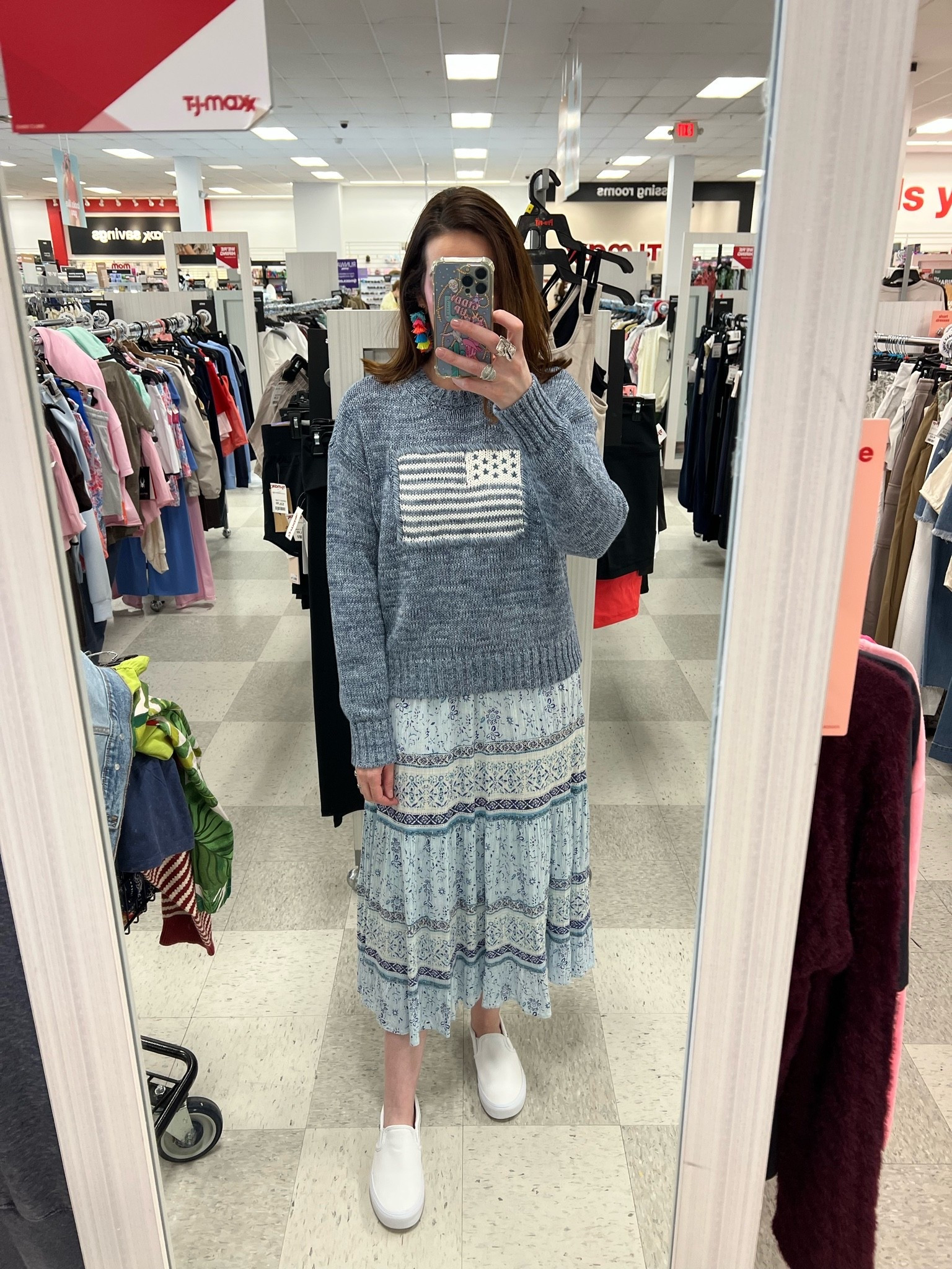 Blue American flag sweater (s). Blue and white keyhole midi dress (s). White slip on sneakers (8.5). #sweater #americanflagsweater #bluesweater #mididress #summerdress #keyholedress #blueandwhitedress #sneakers #sliponsneakers #whitesneakers
summer dresses 
summer outfits @TJ Maxx @DSW

#LTKootd #LTKSeasonal