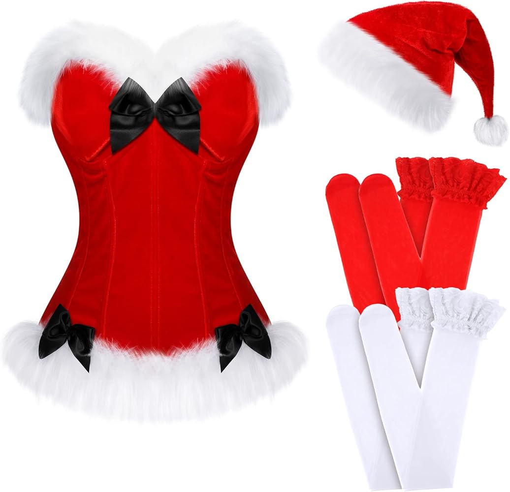 4 Pcs Women Christmas Costume Santa Claus Costume Womens Santa Suit Christmas Fancy Dress Costume... | Amazon (US)