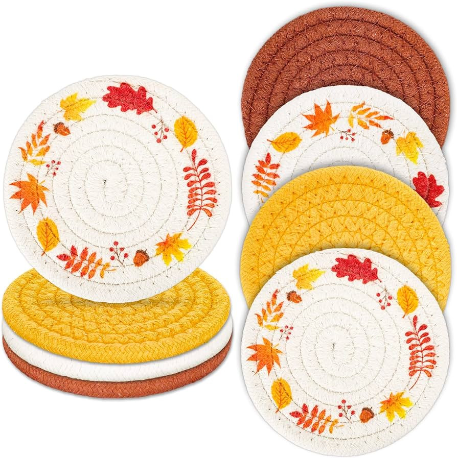 Whaline Fall Thanksgiving Coasters Maple Leaves Handmade Braided Cotton Drink Coasters Orange Yel... | Amazon (US)