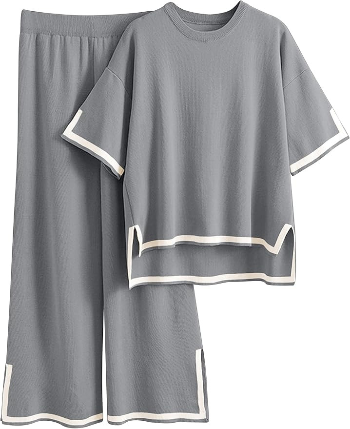 Tanming Sweater Sets Women 2 Piece Lounge Sets Short Sleeve Knit Pullover Tops Wide Leg Pants | Amazon (US)