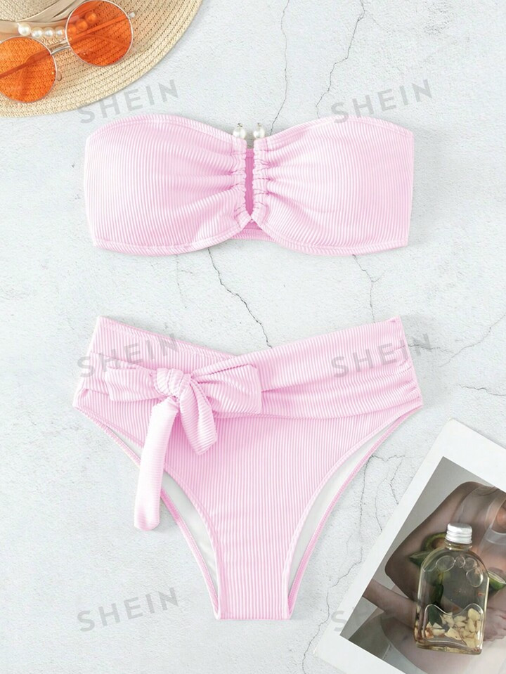 SHEIN Swim Mod Rib Knot Front Bandeau Bikini Swimsuit | SHEIN