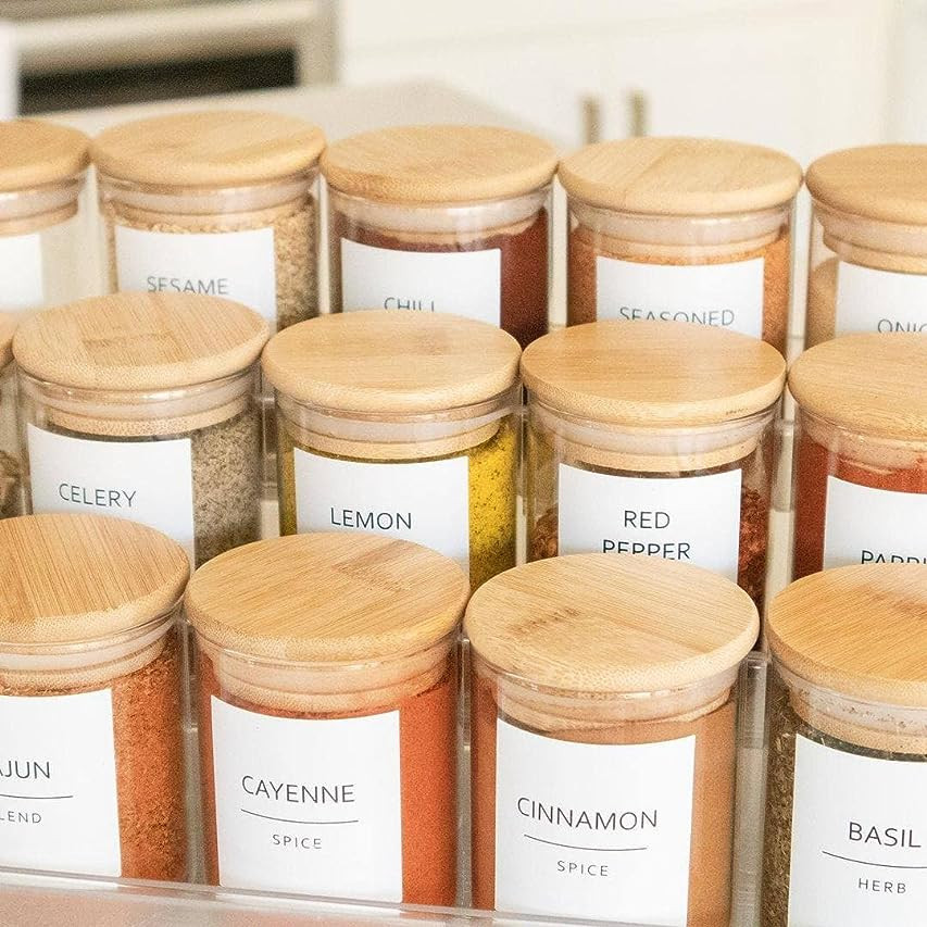 Stylvio 12 2.5oz Glass Spice Jars Set with Airtight Natural Bamboo Lids and 95 Pre-printed Minimalis | Amazon (US)