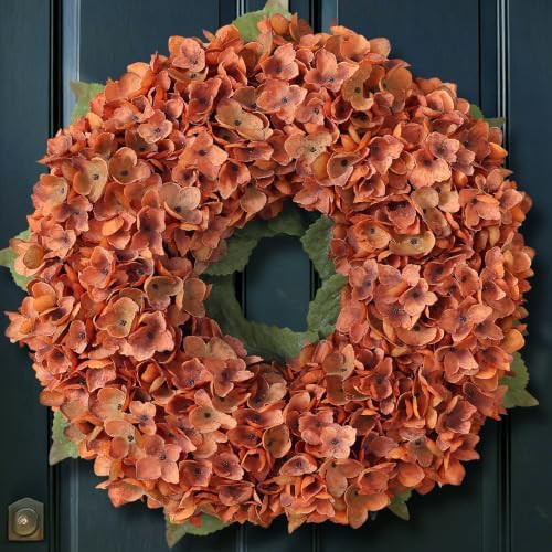 21" Artificial Fall Hydrangea Flower Wreath for Front Door Decor(Orange) | Amazon (US)