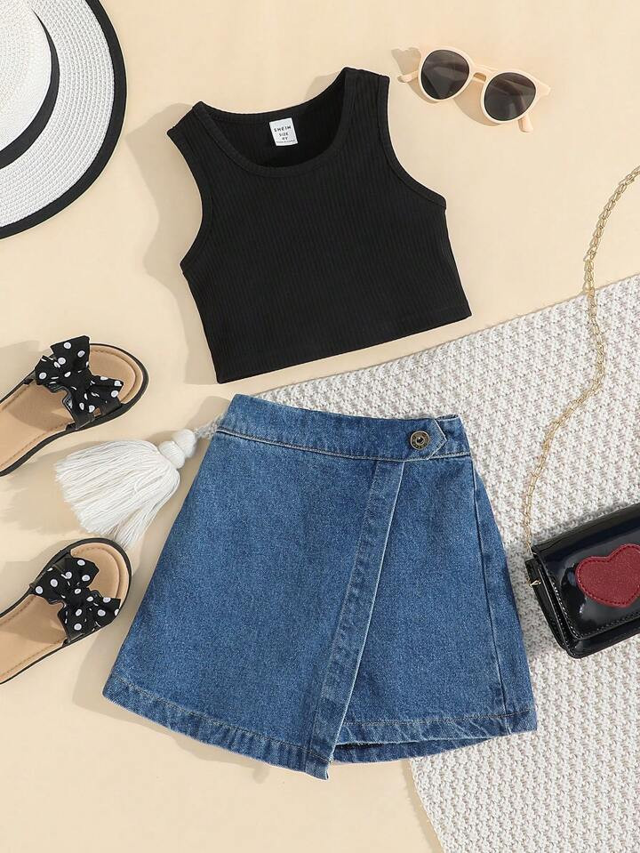 SHEIN Young Girl Ribbed Knit Vest Top And Denim Skort Sets, Summer | SHEIN