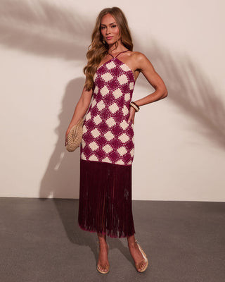 Caliste Knit Checkered Fringe Halter Neck Mini Dress Maroon / M | VICI