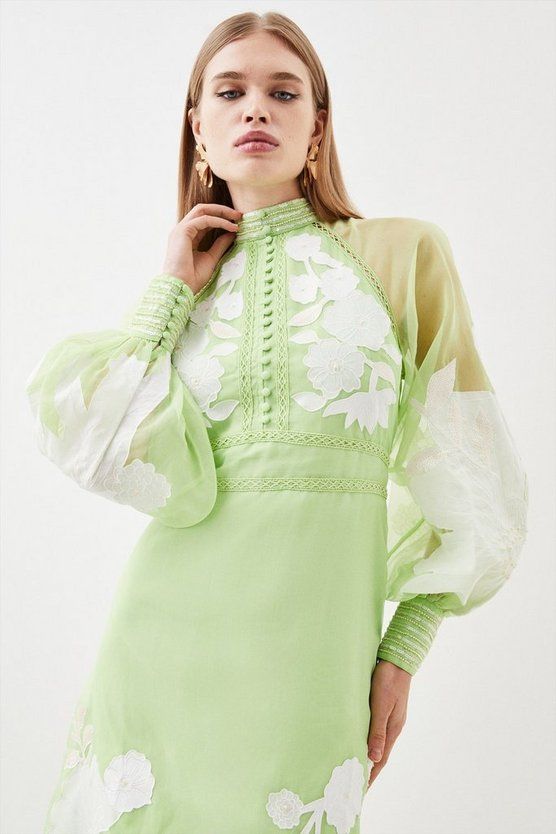 Organdie Applique Buttoned Woven Midi Dress | Karen Millen UK + IE + DE + NL